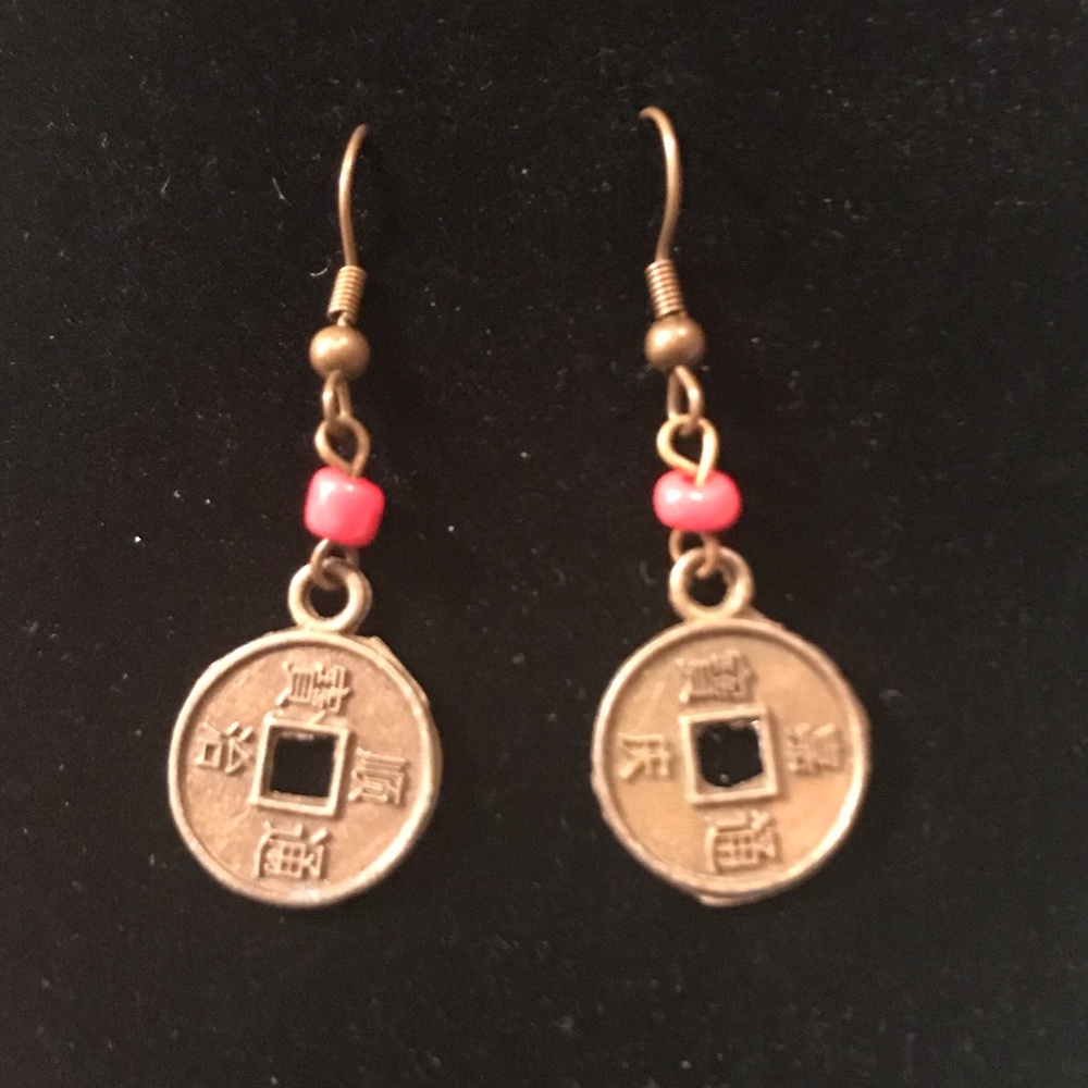 Antique Gold Tone Chinese Symbol Earrings